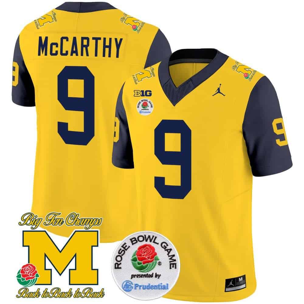 Men Michigan Wolverines #9 Mccarthy Yellow 2024 Rose Bowl Patch Vapor Limited NCAA Jersey style 1->customized nfl jersey->Custom Jersey